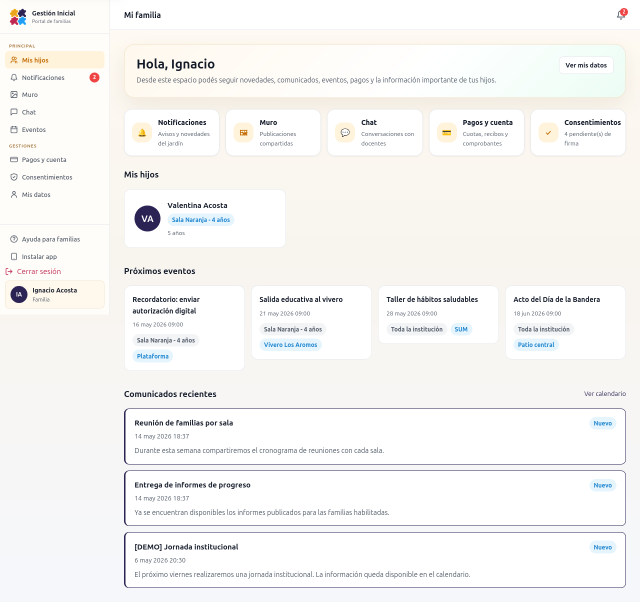 Portal de familias de Gestión Inicial