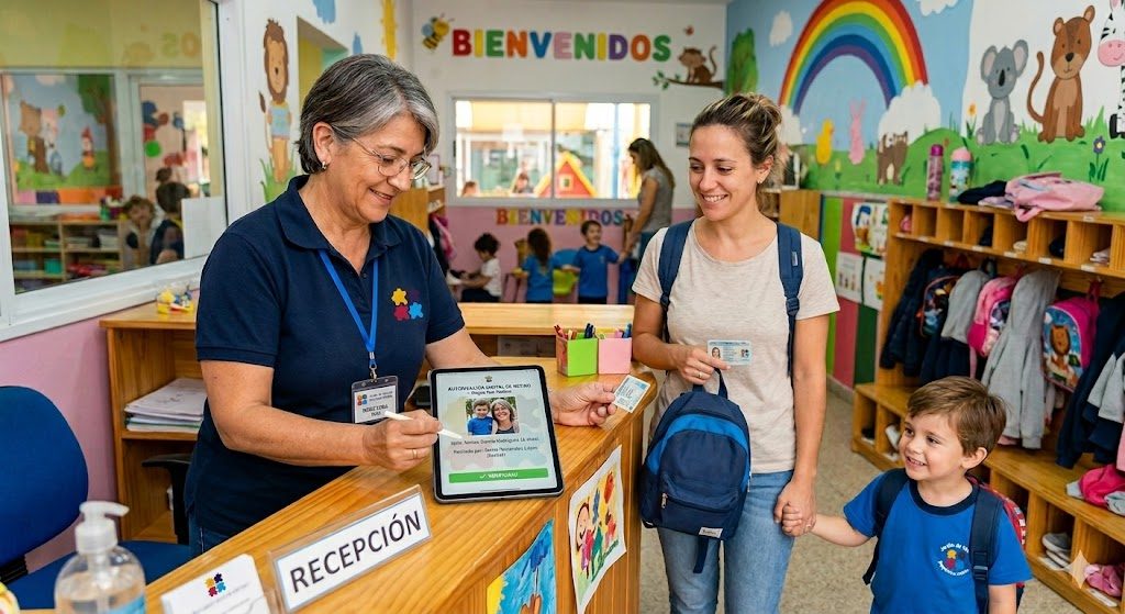 Directora verificando una autorización digital de retiro en un jardín de infantes