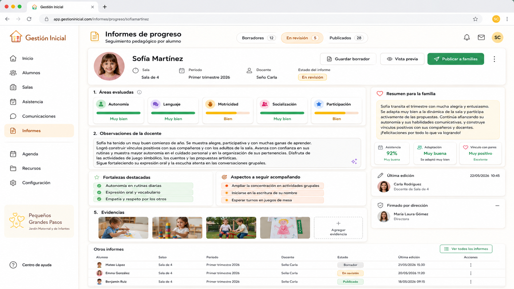 Ejemplo de informe de progreso digital para alumnos de nivel inicial