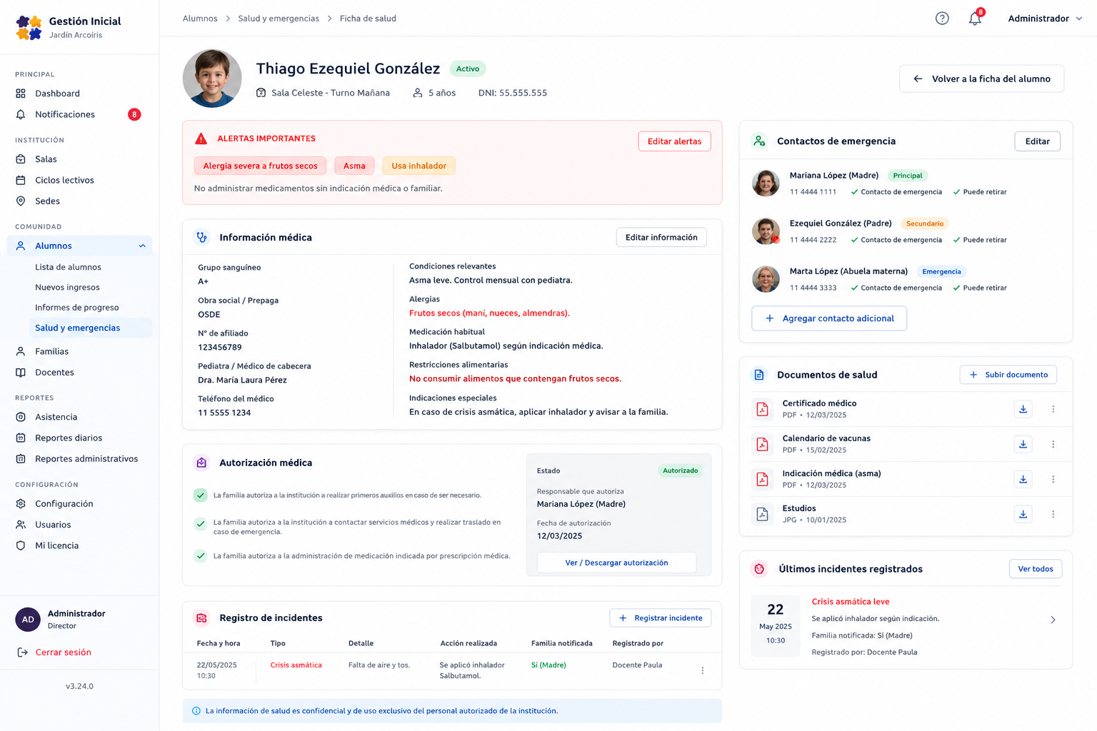 Ficha de salud digital de alumno con información médica y contactos de emergencia